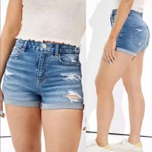 AMERICAN EAGLE | CURVY HI RISE SUPER STRETCH DISTRESSED SHORTIE/JEAN SHORTS-SZ 2